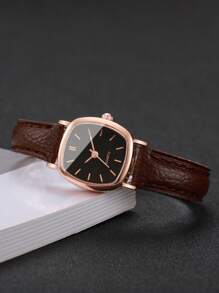 Bộ 4 chiếc đồng hồ thạch anh mặt vuông cổ điển dành cho nữ và dây da thời trang thanh lịch, không bao gồm hộp đựng đồng hồ - Nhiều màu - Xem 8