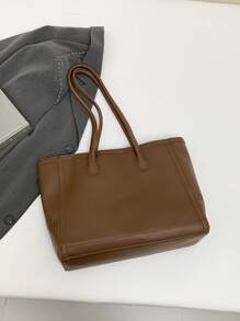 围巾装饰新款复古大号纯色单肩托特包女包，时尚金属链带斜挎单肩包，多用途双手柄休闲托特包单肩手提包，女士百搭工作包