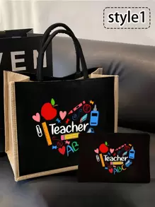 2 Pieces Teacher Appreciation Gift Set - Large Capacity Fashion Tote Bag With "Teacher" Print, Black Linen Coin Purse, Cosmetic Bag, Lining, And No Closure - Perfect For Educators And School Staff, Teacher's Thank-You Gift, Stylish Casual Accessories For Outings, Vacations, Daily Commute, Thank You Teacher Gifts - Black - View 4