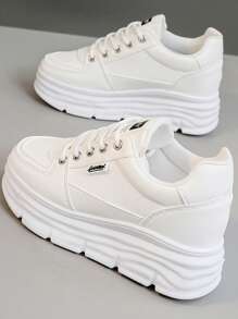 女式新款厚底厚底运动鞋，休闲皮革运动跑步鞋，秋季 - 白色 - 查看 3