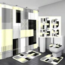 1pc/4pcs Geometric Art Color-Blocking Bathroom Decoration Waterproof Shower Curtain, With 12 Hooks, Bath Mat, U-Shaped Floor Mat, And Toilet Lid Cover, Bathroom Set For Full Scenario