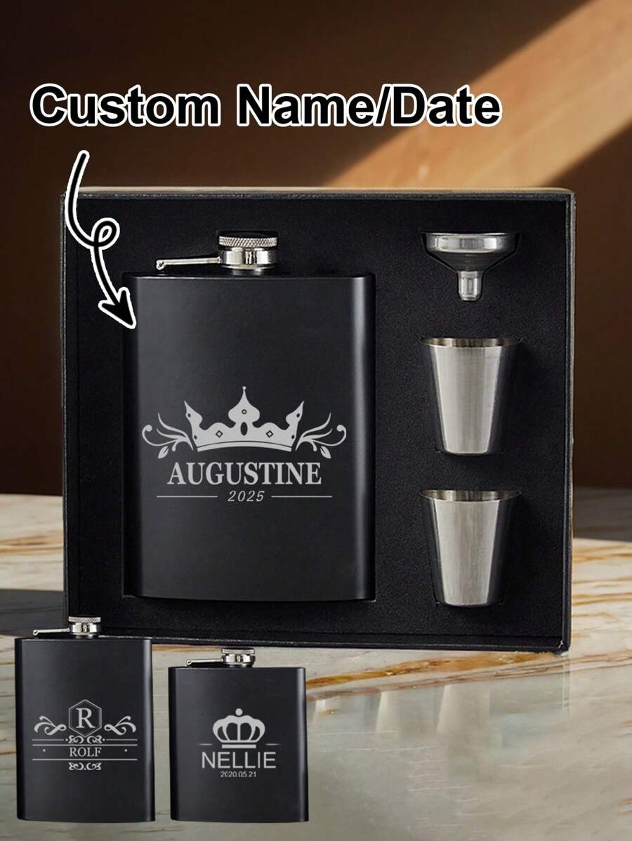 LICVIC Customized Portable Liquor Flask Set, Personalized Engraved Stainless Steel Flask, Groomsman Flask, Wine Bottle Flask Set (1 Flask + 2 Cups + 1 Strainer + 1 Gift Box), Father's Day Gift, Decorative Set, Personalized Gift For Him - Style a - View 1