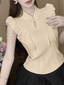 2 件套女士中式泡泡袖纽扣针织上衣，夏季针织衫 - 杏色 - 查看 3