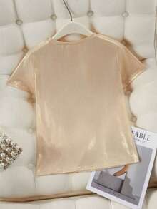 French Fashionable Elegant Mermaid Bride Wedding Season Shiny Letter Print Short Sleeve T-Shirt - Gold - View 2