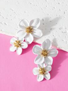 1 Pair Flower Shaped Earrings, Fashionable Multi-Color Double Layer Minimalist Earrings, Sweet Style, Valentine's Day Gift - White 1 - View 3