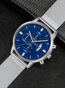 1pc Casual Men's Quartz Watch, Minimalist Round Dial, Metal Mesh Strap, Best Gift For Men, Suitable For Holidays And Daily Wear - Silver - View 4