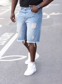 Plus Size Men's Bleached Distressed Denim Shorts, Light Blue Frayed Hem - Blue - View 6