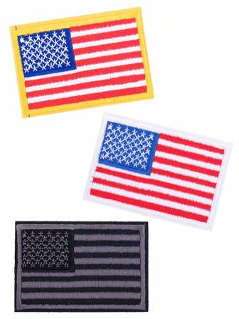 3pcs Yellow, White, Black American Flag Floral Iron-On Patches, Personalized DIY Sewing Applique Embroidery Decoration For Clothes, Shoes, Bags, Festival Party Summer, School