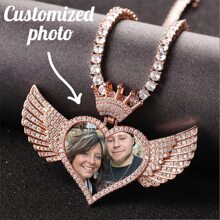 Customized Photo Personalized Crown Angel Wings Gemstone Engraved Heart Tag Photo Necklace, Stainless Steel Gift For Loved Ones, Wedding Anniversary, Valentine's Day, Jewelry Accessory