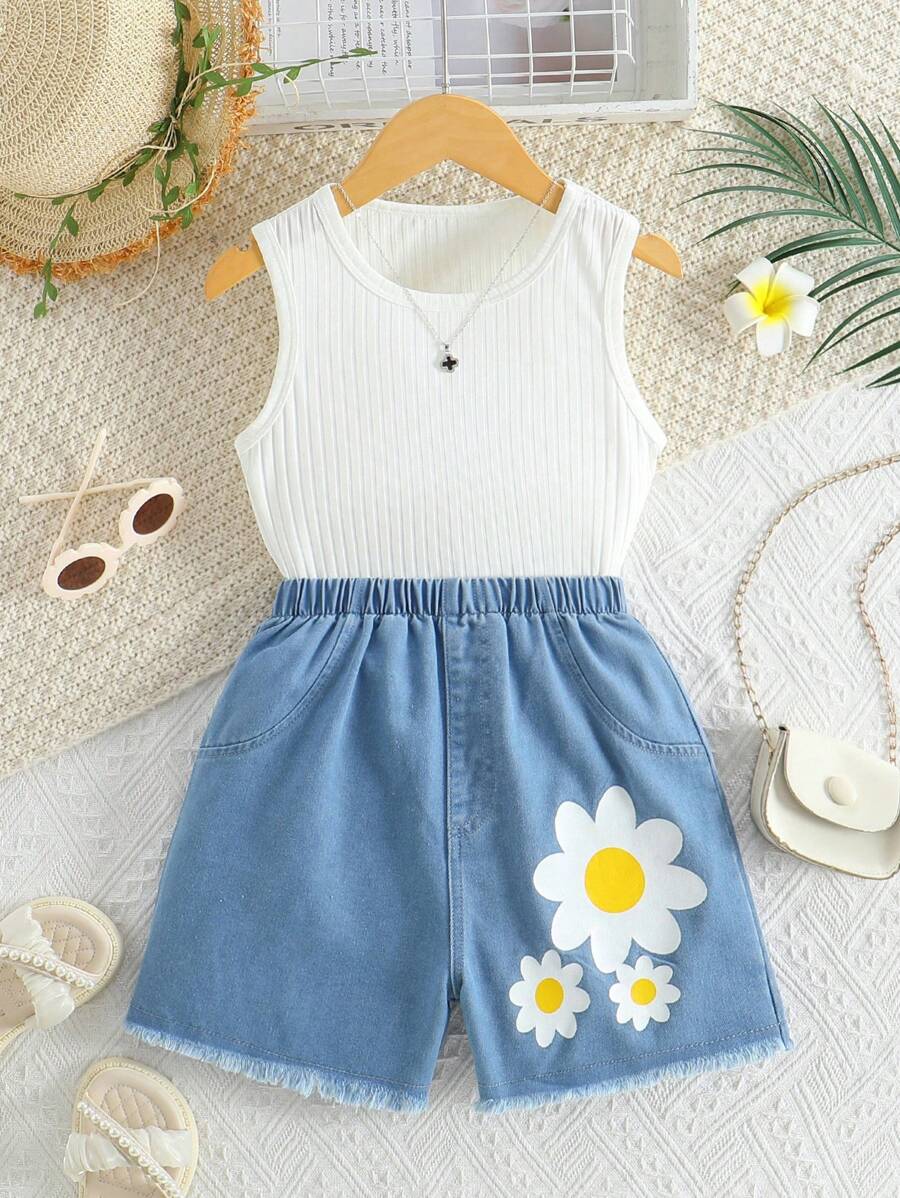 2pcs/Set Tween Girls Summer Lightweight Solid Color Camisole & Floral Print Denim Shorts Set - White - View 1