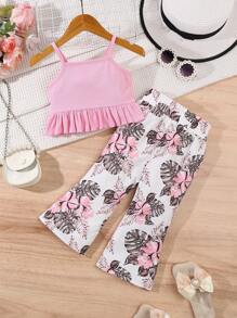 2pcs/Set Baby Girls Spring/Summer Casual Daily Wear Solid Color Camisole Top + Floral Print Flare Pants - Pink - View 3