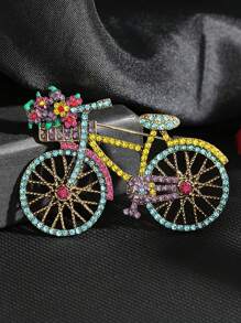 Xiacheng 1pc Elegant Vintage Bicycle Brooch With Sparkling Floral Basket, Hypoallergenic Copper Alloy Pin For Parties & Casual Wear - Bike - View 3