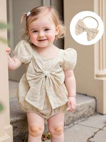 Fashionable Baby Girl Flower Jacquard Romper Short Sleeve Bodysuit With Bow Headband - Cute Summer Clothes That Make Every Baby Shine - Apricot - View 5