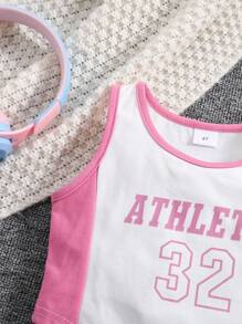 Girls Letter Print Decorated Contrast Color Splicing Mesh Skort Set With Round Neck Vest Top, Fashionable Sporty Style - Pink - View 4