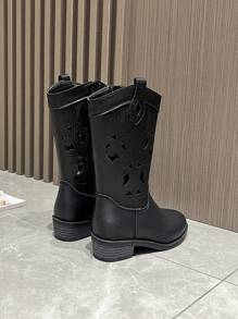 女童镂空刺绣西部牛仔靴，新款时尚中性儿童复古中筒靴，百搭马靴 - 黑色 - 查看 4