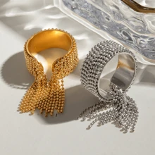 时尚不锈钢串珠流苏开口戒指，18K 金 INS 风格优雅戒指，可调节尺寸，百搭女士戒指