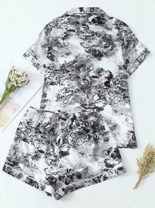 Set de pijama de 2 piezas de satén con estampado de pintura al estilo de tinta, blusa de manga corta con cuello y pantalón corto con lazo para mujer