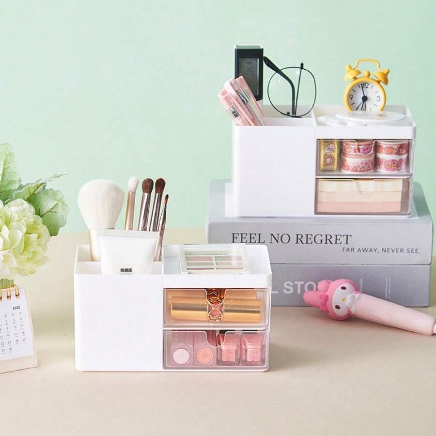 1 件多功能笔筒，3 色创意时尚桌面收纳盒，适用于办公用品和化妆刷 - 白色 - 查看 1