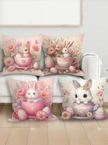 1 件复活节彩蛋兔子印花靠垫套 - 粉色桃皮枕套 45*45 厘米，家居沙发卧室装饰靠垫套 - 彩色 - 查看 3
