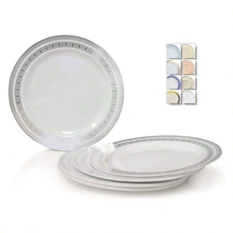60 Plates Pack, Heavyweight Disposable Wedding Party Plastic Plates 7.5'' Appetizer/Dessert Plate, Lace White & Silver - Multicolor - View 1