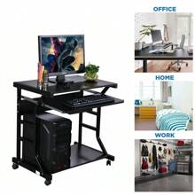 Black Home Office Writing Computer Desk Workstation With Wheels - Versatile PC And Laptop Table For Enhanced Productivity