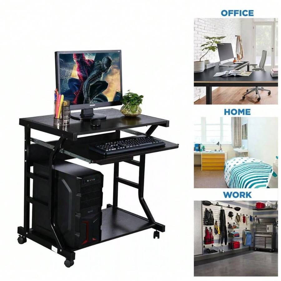 Black Home Office Writing Computer Desk Workstation With Wheels - Versatile PC And Laptop Table For Enhanced Productivity
