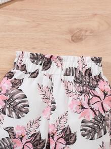 2pcs/Set Baby Girls Spring/Summer Casual Daily Wear Solid Color Camisole Top + Floral Print Flare Pants - Pink - View 7