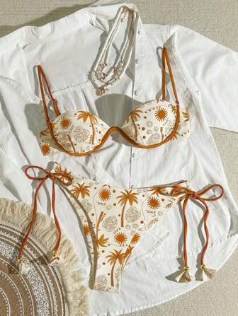 Bikinx Damski komplet kąpielowy z fiszbinami, tropikalnym nadrukiem, sznurowanym bikini, z frędzlami, na letnie wakacje na plaży