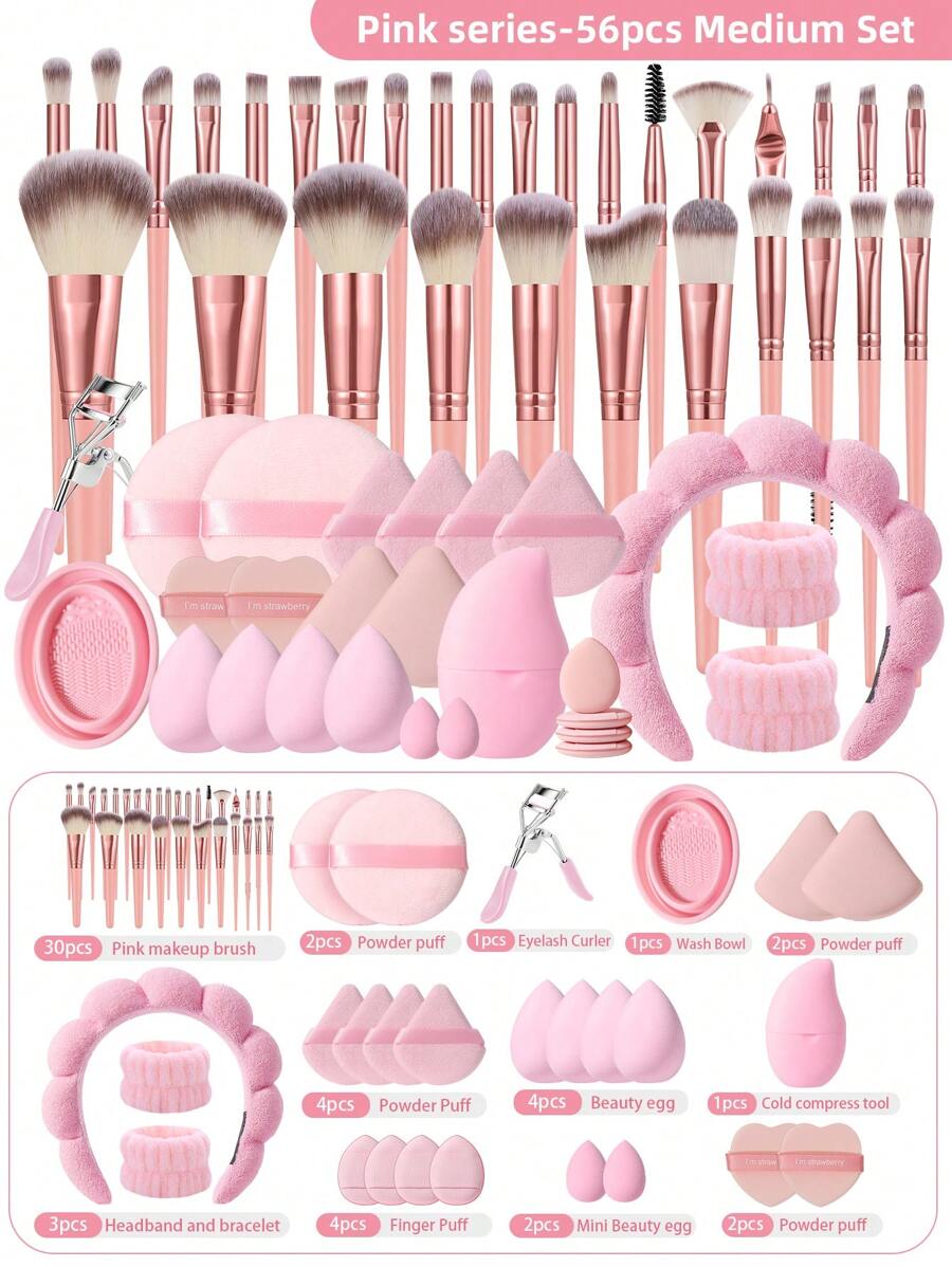 26/30/56PCS Makeup Tools Set Including:30PCS Makeup Brush Set+4PCS Makeup Sponges+2PCS Mini Makeup Sponges+4PCS Triangle Powder Puffs+4PCS Mini Air Cushion Powder Puffs+2PCS Circular Powder Puffs+1pc Hairband+2PCS Hand Bowl Strap+1pc Makeup Brush Cleaning Tools+1pc Eyelash Curler+1pc Facial Ice Compress+2PCS Air Cushion Powder Puff+2PCS Marshmallow Cushion Powder Puff - Pink - View 1