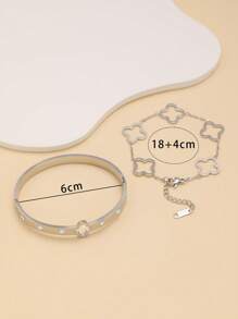Polished Stainless Steel Four-Leaf Clover Zirconia Bracelet And Bangle Set, Fashionable Jewelry Accessories For Women, Suitable For Elegant Daily Wear And Party, Ideal Gift For Valentine's Day