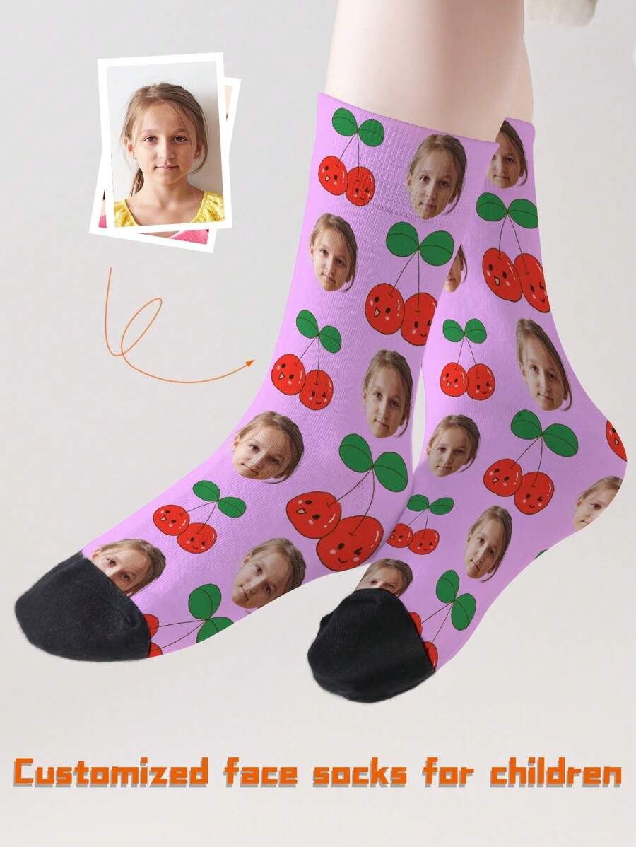 1 Pair Customized Face Print Mid-Calf Socks For Kids/Teens, Personalized With Photo Design, Interesting Custom Image Socks For Boys And Girls, Suitable For Daily Wear, Festivals, Birthdays, And Other Occasions - Multicolor - View 1