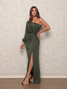 Long One Shoulder Dress With Padded Bra, Side Opening And Slit For Party Wedding Graduation - Army Green - View 3
