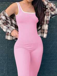 Yefecy Women's Yoga Ribbed One Piece Tank Tops Rompers Sleeveless Exercise Jumpsuits Shapewear Bodysuit - Pink - View 3