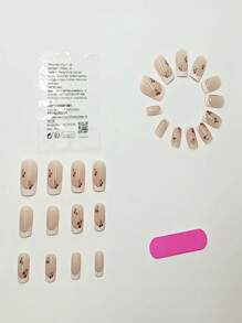 24pcs French Style Cherry Blossom Design Press-On False Nails Set With Nail File And Nail Glue