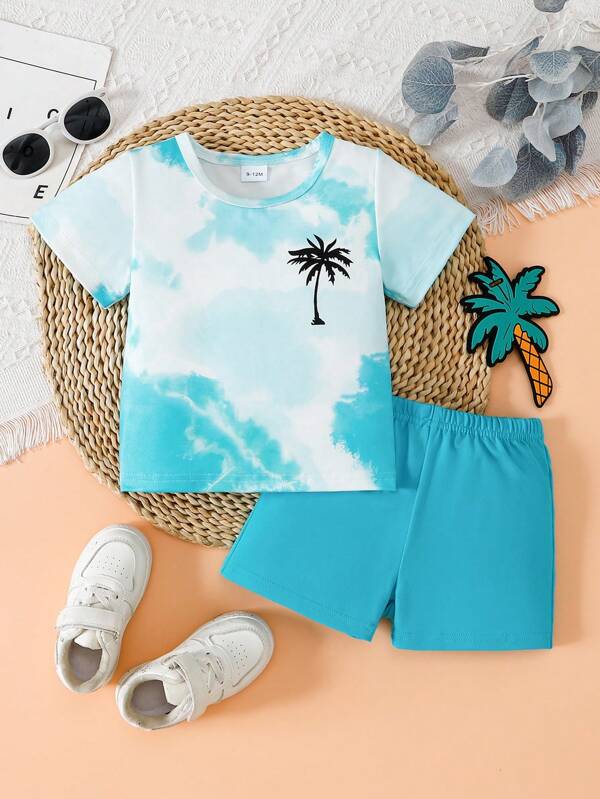 2pcs/Set Infant Baby Boys Palm Tree Print Short Sleeve Tee And Casual Outfit, Spring/Summer