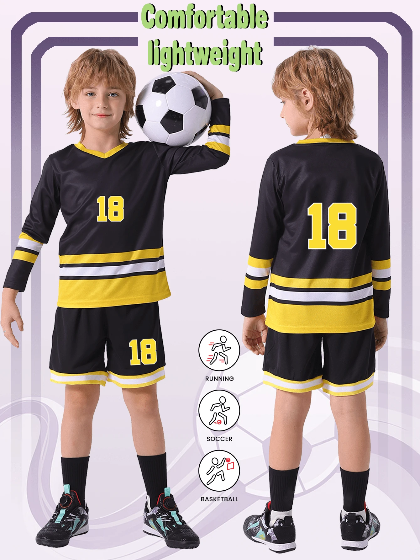 2pcs Kids & Teens' New Casual Sports Training Quick-Dry Long Sleeve Sportswear Set, Suitable For Leisure, Sports, Football, Group Activities, Number 18 - Black - View 1