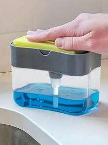 1 Pieza Dispensador de jabón portátil con set de esponja, caja de detergente de cocina con presión, dispensador automático de líquido para lavavajillas, jabón, dispensador creativo con bloque de presión y estante para esponja, adecuado para cocina y baño