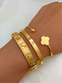 3 件时尚百搭精致高端花卉水晶四叶草心形可打开不锈钢手链套装，镀金防水珠宝，送给妈妈的礼物，适合女性日常佩戴、聚会和度假 - A款四葉草 - 查看 1