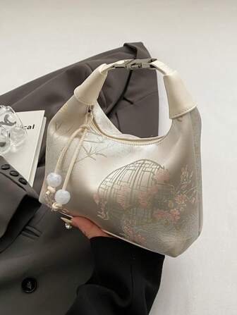 女士缎面刺绣枕头单肩包，流苏翻盖亚麻别致斜挎包