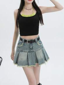 YEAE | YKK 复古蓝高腰百褶 A 字裙 - 淺色水洗藍 - 查看 4