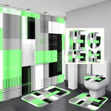 1pc/4pcs Geometric Art Color-Blocking Bathroom Decoration Waterproof Shower Curtain, With 12 Hooks, Bath Mat, U-Shaped Floor Mat, And Toilet Lid Cover, Bathroom Set For Full Scenario