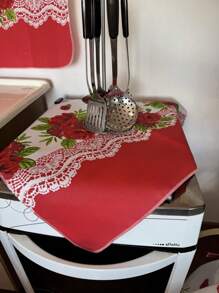 Kitchen Set Kit 10 Printed Pieces Window Curtain Table Runner Sink Curtain Tea Towel Placemat - flores vermelha - 查看 3