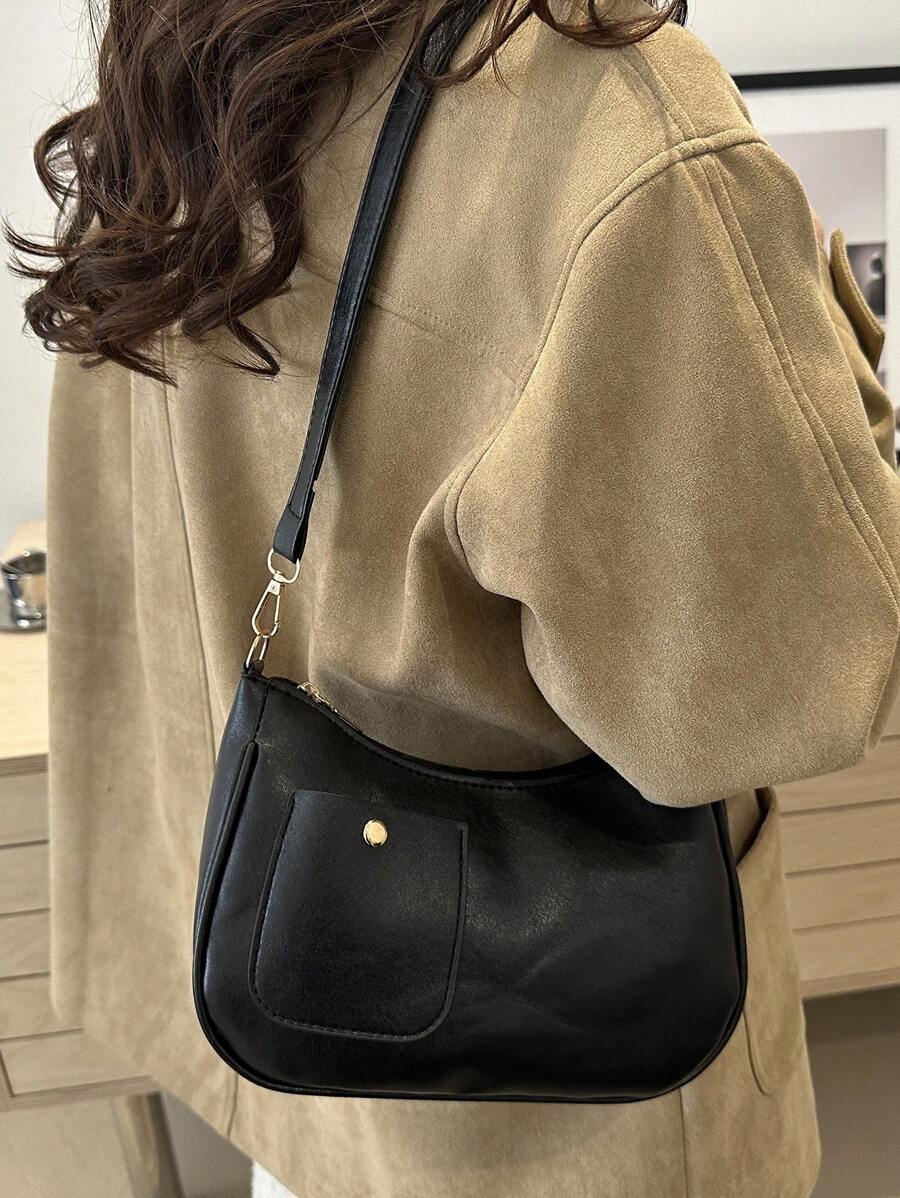 女士纯色新款便携式 PU 皮革手提包，时尚通勤单肩包 - 黑色 - 查看 1