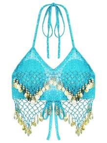 女士亮片串珠流苏露背短款上衣，短款透明亮片雪纺衬衫，波西米亚风节日肚皮舞服装（不可拆卸胸垫） - 彩色 - 查看 18