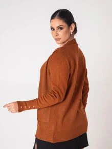 Women's Winter Knitted Cardigan Coat With Pocket - Bronze - View 5