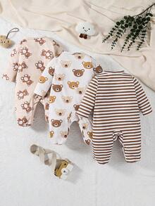 3pcs Baby Boy Cute Cartoon Bear Allover Print Allover Print Footie Jumpsuit Set