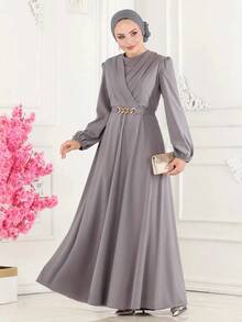 Women's Elegant Long Sleeve Round Neck Bishop Sleeve Arabic Style Dress With Wrap Detail And Zipper Spring - Grey - View 7