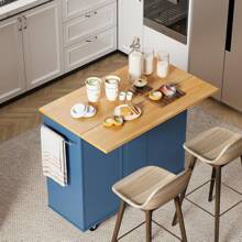 Rolling Kitchen Island Cart - Folding Drop Leaf Breakfast Bar - Includes Storage Cabinet, Shelf, And Drawer - White Finish - Perfect For Kitchens Or Dining Areas - Durable And Functional - Ideal For Small Spaces - Combines Style And Practicality For A Modern Home Upgrade. - Blue - View 1