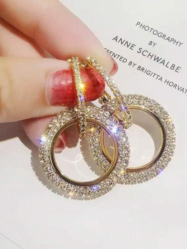 1 Pair Classic European & American Style Rhinestone Geometric Circle Drop Earrings, Fashion Korean Design Minimalist Earring Studs For Women