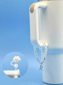 精致时尚的仿珍珠杯链，适用于 30 和 40 盎司玻璃杯，带有 3D 金属字母细节和可爱的草帽，简约而优雅的 26 个英文字母水杯装饰配件，男女通用夏季配饰，返校用品，生日礼物